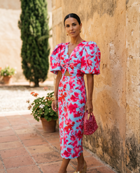 Vestido Midi Floral Mangas Globo