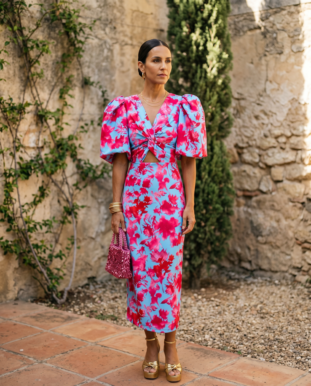 Vestido Midi Floral Mangas Globo