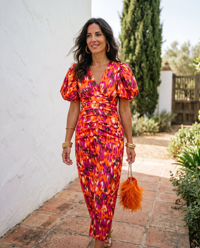 Vestido Midi Floral Mangas Globo