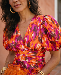 Vestido Midi Floral Mangas Globo