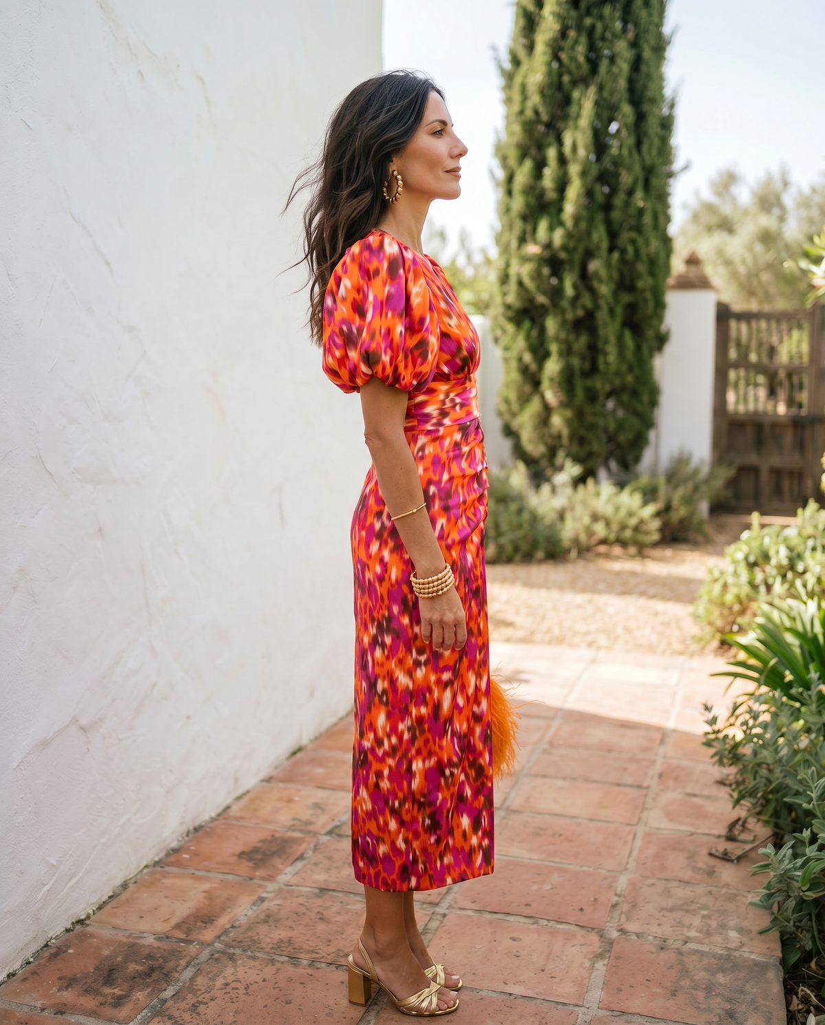 Vestido Midi Floral Mangas Globo