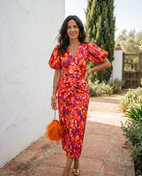 Vestido Midi Floral Mangas Globo