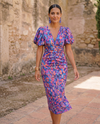 Vestido Midi Floral Mangas Globo