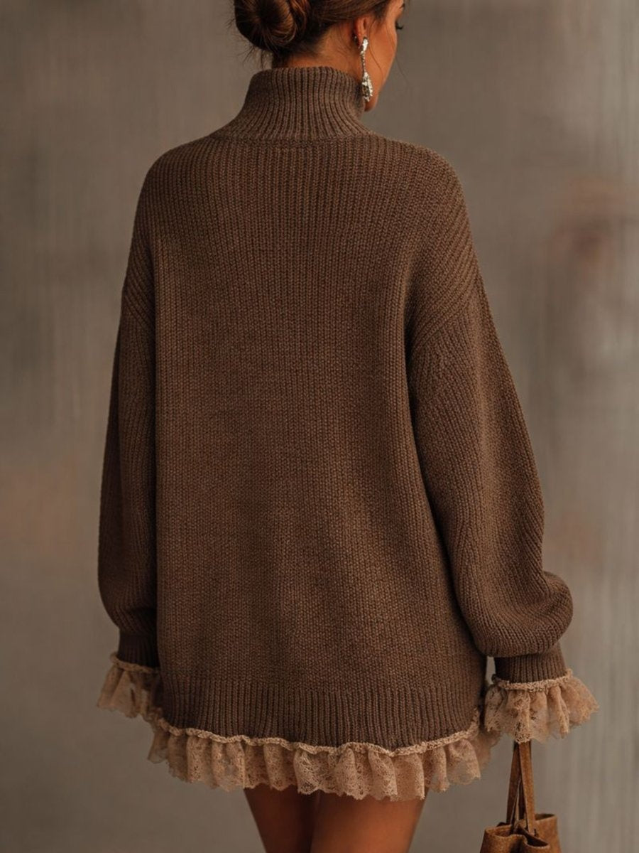 Vestido Corto de Punto Manga Larga Cuello Alto con Encaje