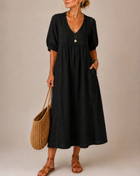 Vestido Midi Escote en V con Detalles de Encaje