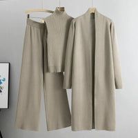 Conjunto de Punto Tres Piezas Cárdigan Largo y Pantalón Ancho