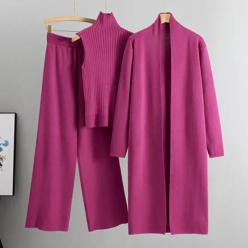 Conjunto de Punto Tres Piezas Cárdigan Largo y Pantalón Ancho