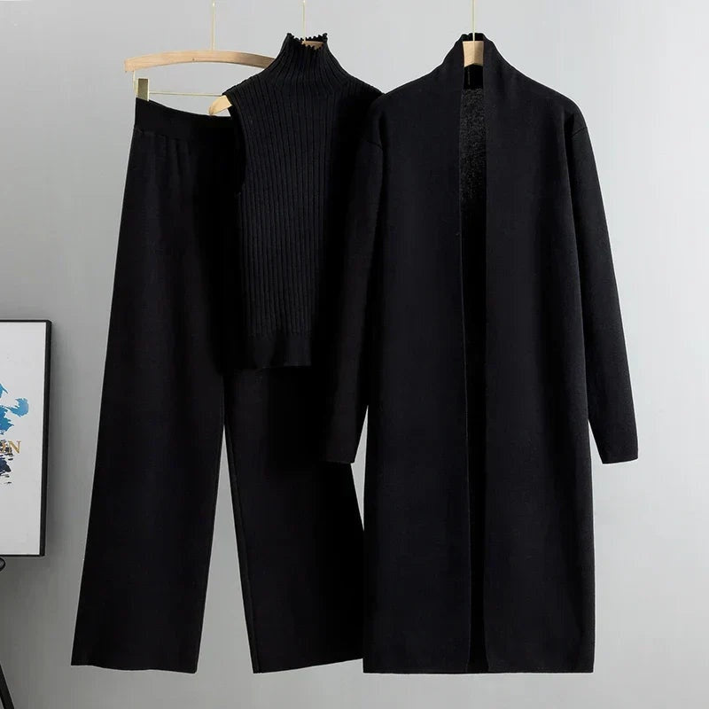 Conjunto de Punto Tres Piezas Cárdigan Largo y Pantalón Ancho