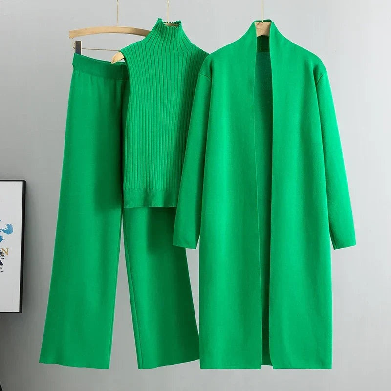 Conjunto de Punto Tres Piezas Cárdigan Largo y Pantalón Ancho
