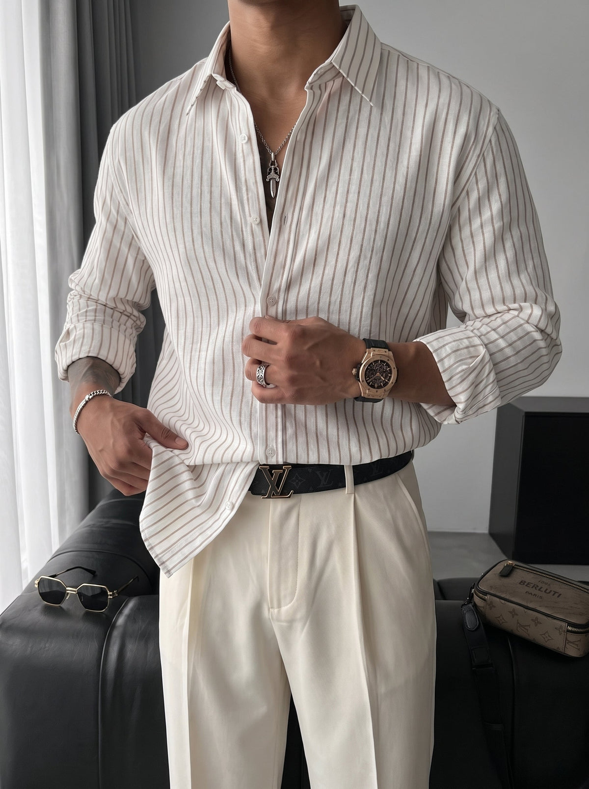 Camisa Oversize Rayas Crudo Camel
