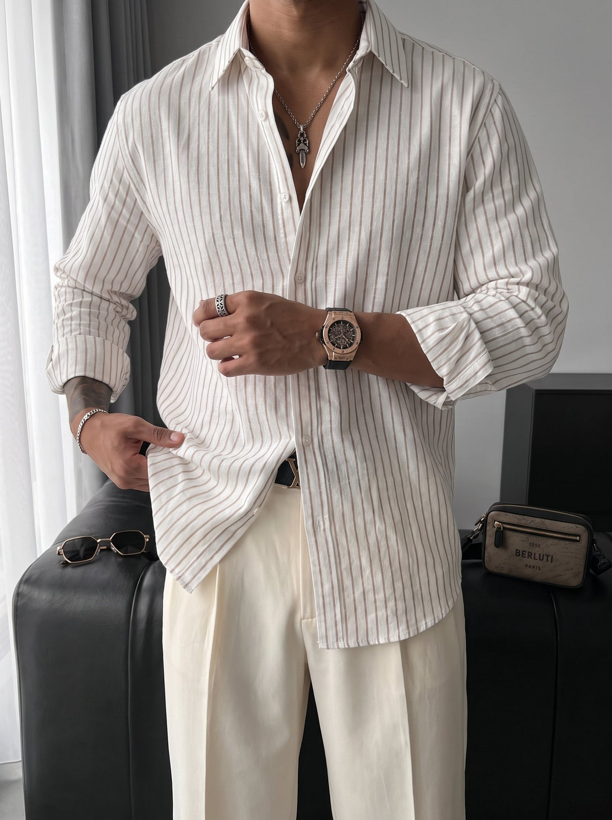 Camisa Oversize Rayas Crudo Camel