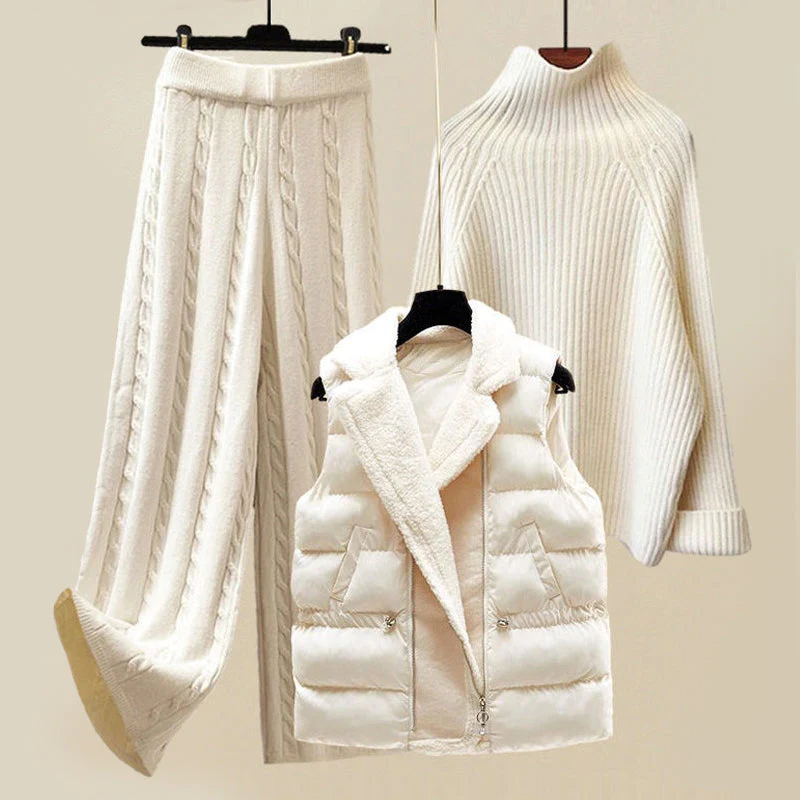 Conjunto de Punto Cuello Alto con Chaleco Acolchado y Pantalón Pierna Ancha