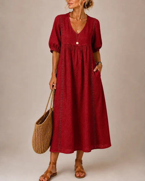 Vestido Midi Escote en V con Detalles de Encaje