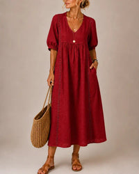 Vestido Midi Escote en V con Detalles de Encaje