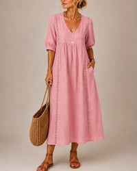 Vestido Midi Escote en V con Detalles de Encaje