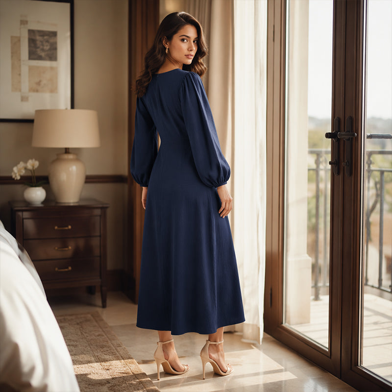 Vestido Maxi Escote V Abullonado