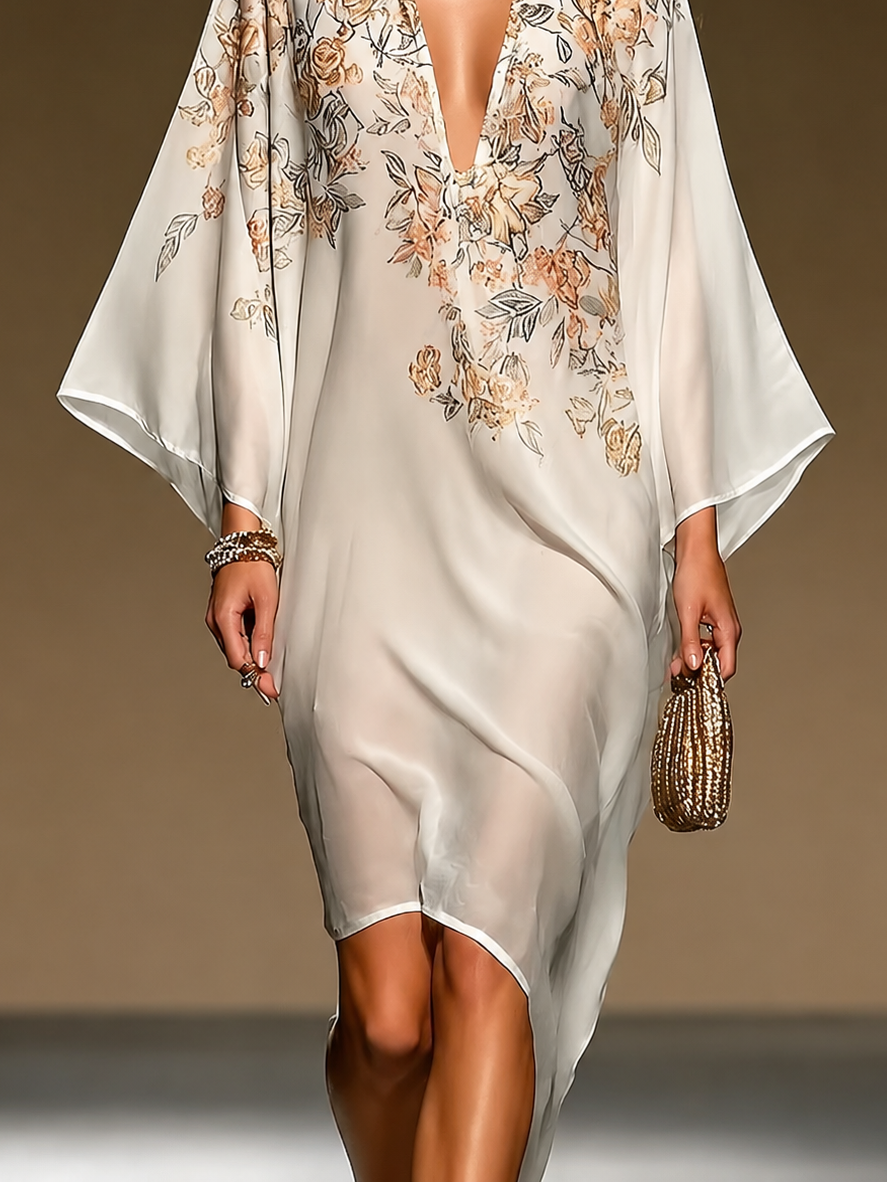 Vestido Caftán Beige Estampado Floral