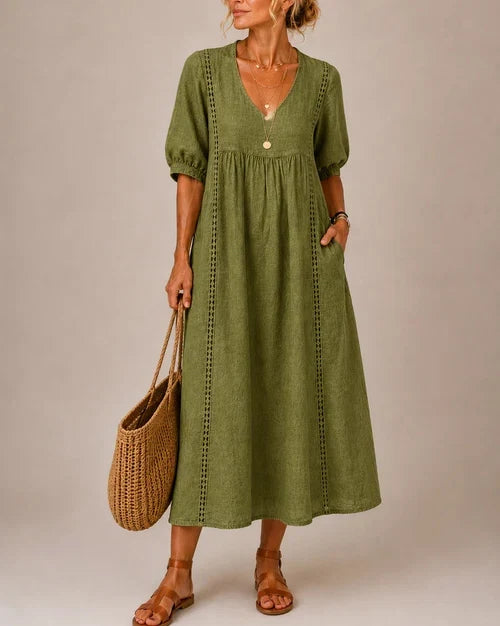Vestido Midi Escote en V con Detalles de Encaje
