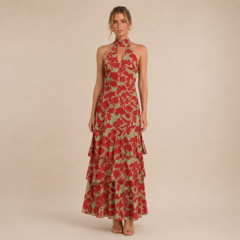 Vestido Maxi Halter con Volantes